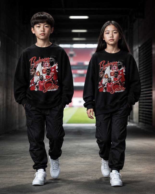 Bukayo Saka Arsenal #7 Rouge Blanc Vintage Rap Bootleg Collage Multi-Pose Enfant Col Rond Fan