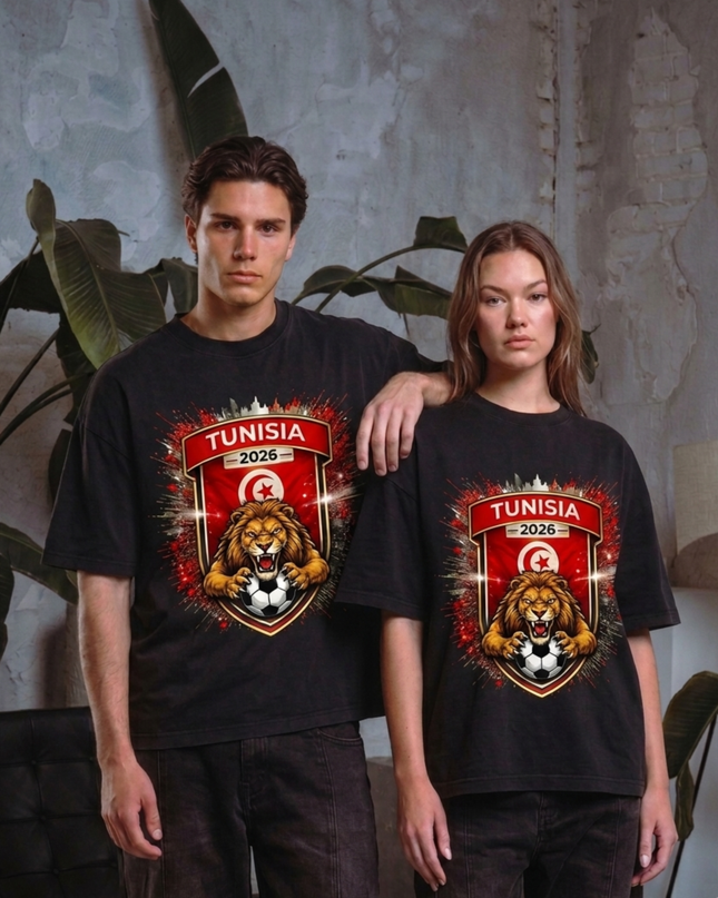 T-shirt Unisexe Fan Lion Bouclier Tunisie Coupe du Monde de Football 2026