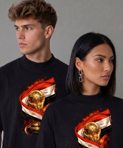 T-shirt unisexe fan de la Coupe du Monde de Football 2026 Égypte Trophée Drapeau Feu Football