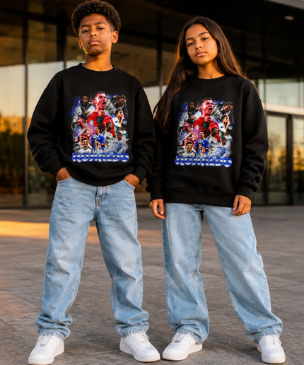 Cristiano Ronaldo Multi-Career Collage Blue Chrome Bootleg Kids Fan Crewneck