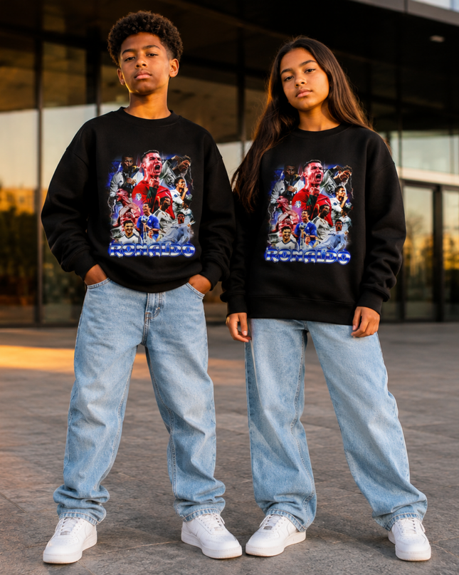 Cristiano Ronaldo Multi-Career Collage Blue Chrome Bootleg Kids Fan Crewneck
