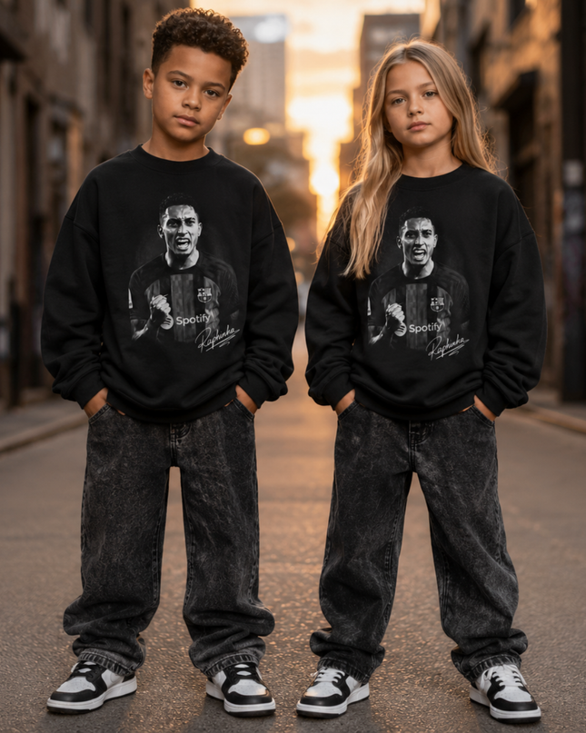 Raphinha Barcelona Black White B&W Fist Pump Face Portrait Cursive Script Kids Fan Crewneck