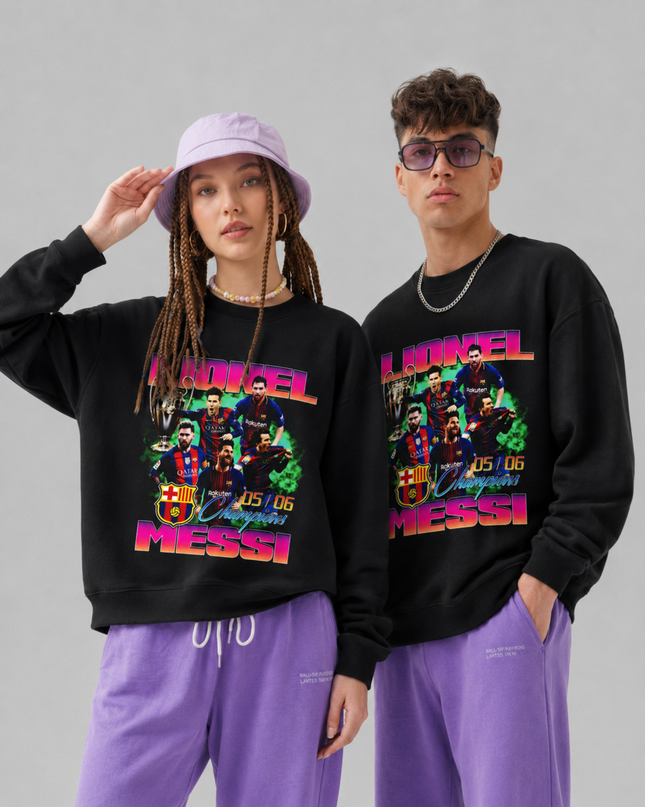 Lionel Messi Barcelona FCB Neon Pink Purple Green Retro 80s Bootleg Multi-Pose Collage Unisex Fan Crewneck
