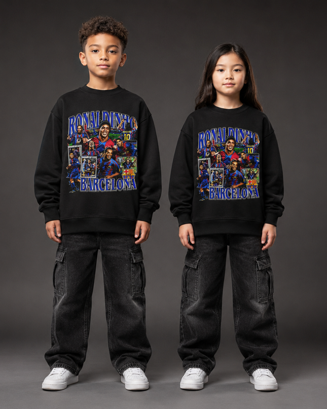 Ronaldinho Barcelona #10 Blue Purple Vintage Rap Bootleg Multi-Pose Collage Kids Fan Crewneck