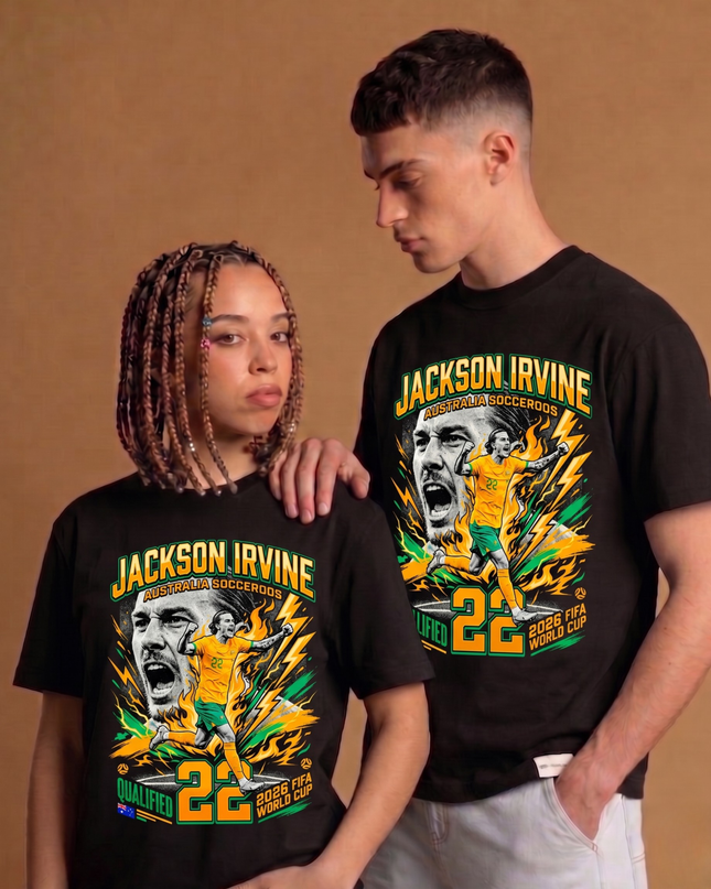 T-shirt de supporter unisexe Coupe du Monde de Football 2026 Jackson Irvine #22 Australie Socceroos