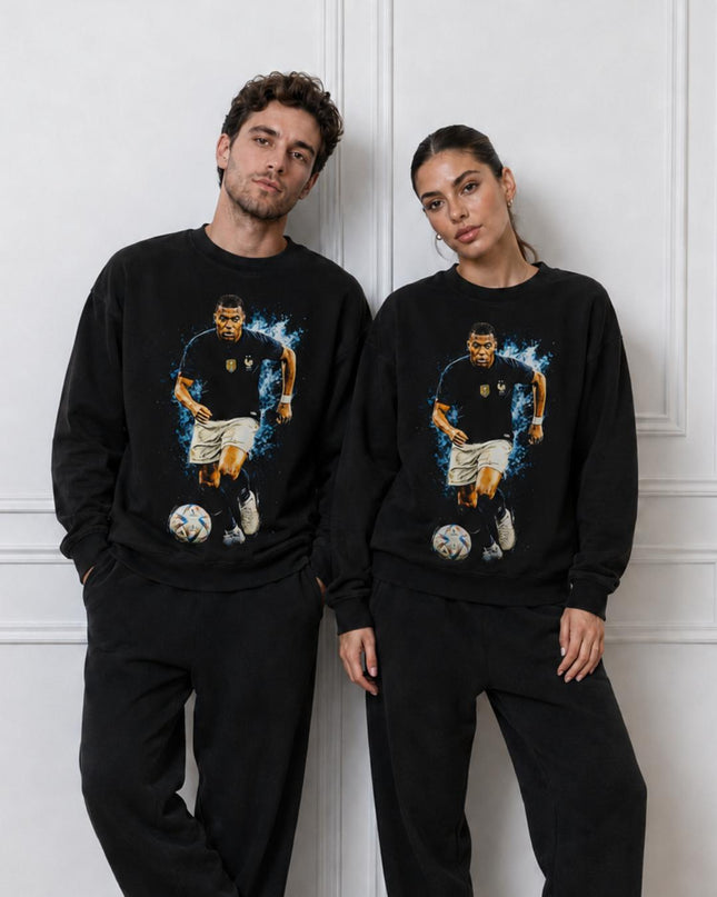 Kylian Mbappé France Blue Flame Dribble Action Unisex Fan Crewneck