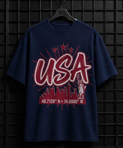 USA New York City Skyline 40.7128° N · 74.0060° W Unisex Fan T-Shirt