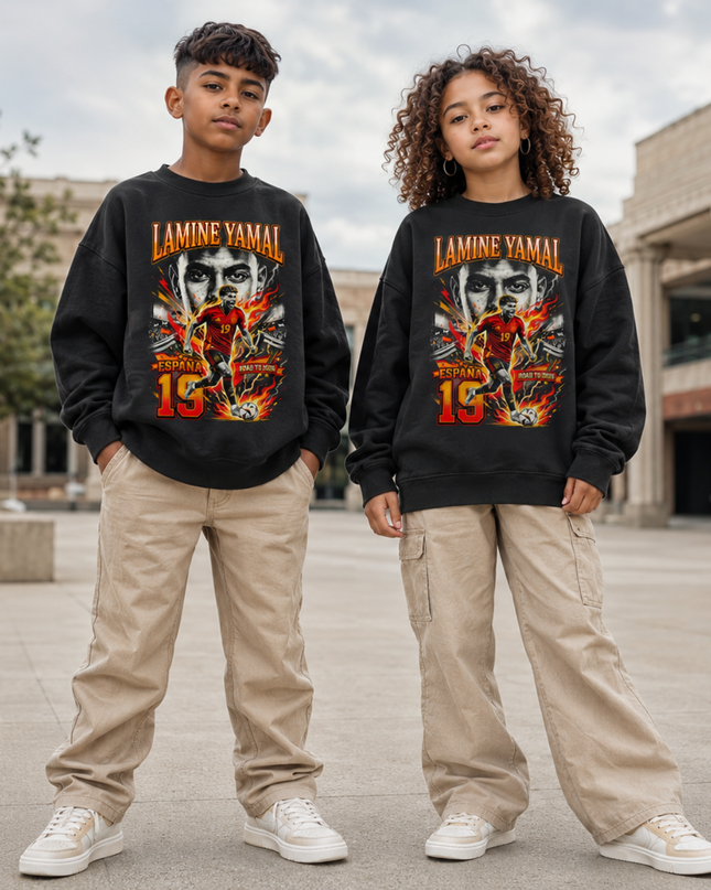 Lamine Yamal España #19 Road to 2026 Fire Face Portrait Kids Fan Crewneck