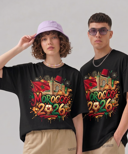 T-Shirt Unisexe Fan Maroc 2026 Graffiti Fez Chameau Célébration