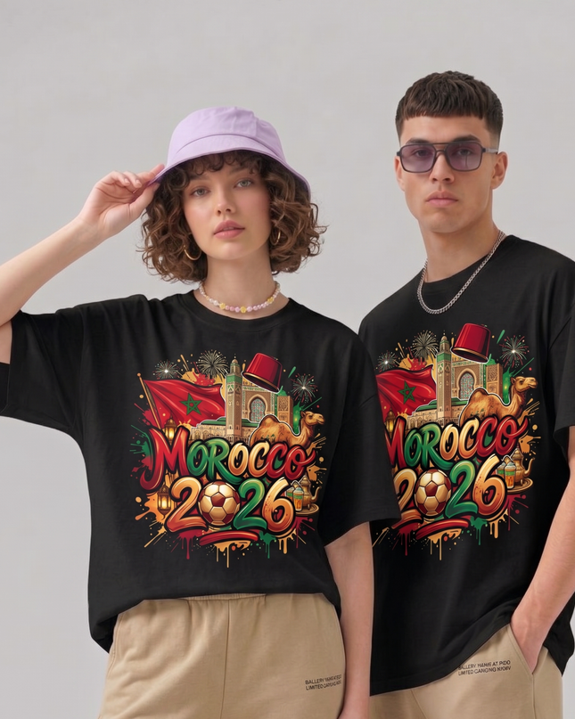 T-Shirt Unisexe Fan Maroc 2026 Graffiti Fez Chameau Célébration