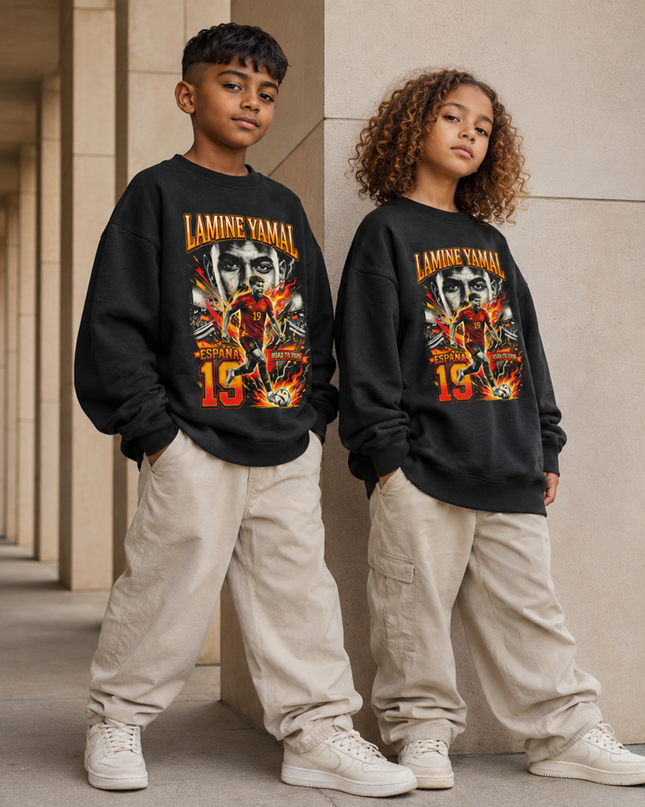 Lamine Yamal España #19 Road to 2026 Fire Face Portrait Kids Fan Crewneck
