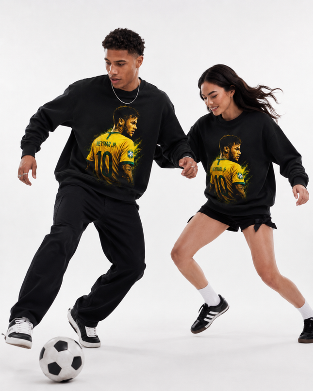 Neymar Jr Brazil Yellow Green Paint Splash Side Profile Portrait Unisex Fan Crewneck