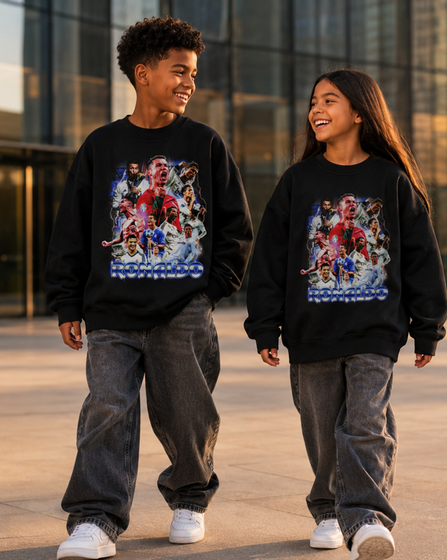 Cristiano Ronaldo Multi-Career Collage Blue Chrome Bootleg Kids Fan Crewneck