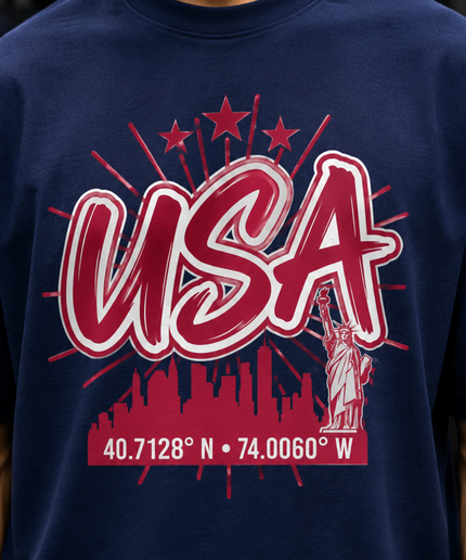 USA New York City Skyline 40.7128° N · 74.0060° W Unisex Fan T-Shirt