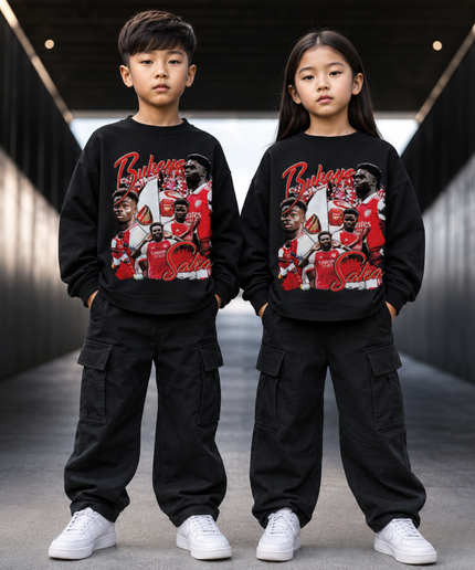 Bukayo Saka Arsenal #7 Red White Vintage Rap Bootleg Multi-Pose Collage Kids Fan Crewneck