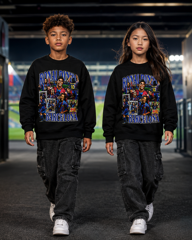 Ronaldinho Barcelona #10 Blue Purple Vintage Rap Bootleg Multi-Pose Collage Kids Fan Crewneck