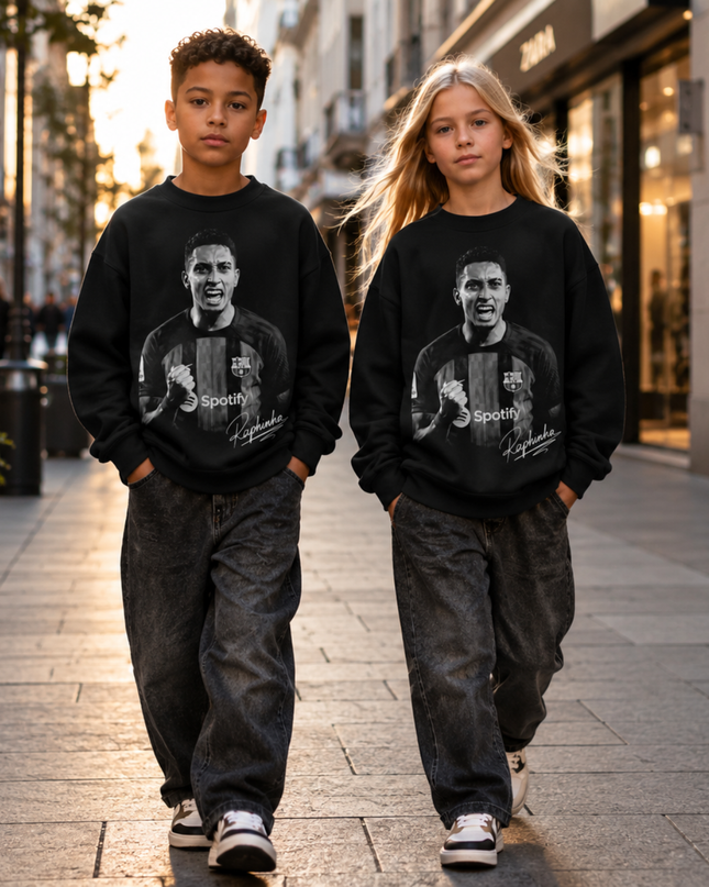 Raphinha Barcelona Black White B&W Fist Pump Face Portrait Cursive Script Kids Fan Crewneck