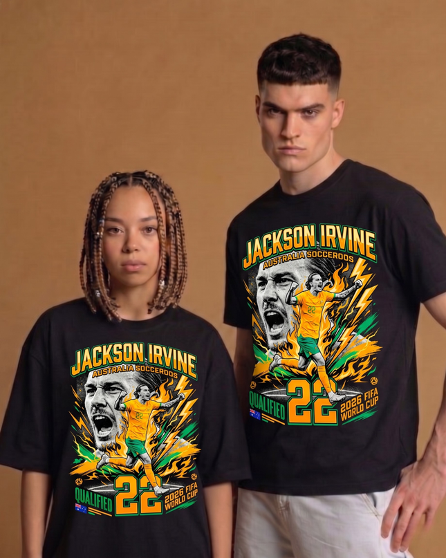 T-shirt de supporter unisexe Coupe du Monde de Football 2026 Jackson Irvine #22 Australie Socceroos