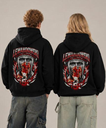Hoodie Fan Unisexe Lewandowski #9 Équipe Nationale de Pologne Qualifiée pour la Coupe du Monde 2026 - Portrait Feu