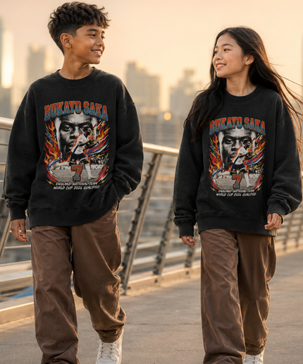 Bukayo Saka England #7 Red Blue Orange Fire Face Action Dual-Pose World Cup 2026 Qualified Kids Fan Crewneck