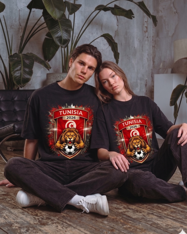 T-shirt Unisexe Fan Lion Bouclier Tunisie Coupe du Monde de Football 2026