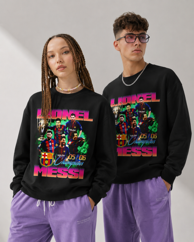 Lionel Messi Barcelona FCB Neon Pink Purple Green Retro 80s Bootleg Multi-Pose Collage Unisex Fan Crewneck