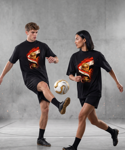T-shirt unisexe fan de la Coupe du Monde de Football 2026 Égypte Trophée Drapeau Feu Football
