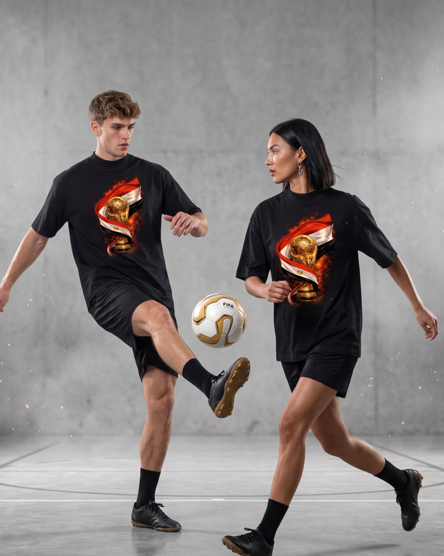 T-shirt unisexe fan de la Coupe du Monde de Football 2026 Égypte Trophée Drapeau Feu Football