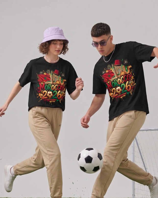 T-Shirt Unisexe Fan Maroc 2026 Graffiti Fez Chameau Célébration