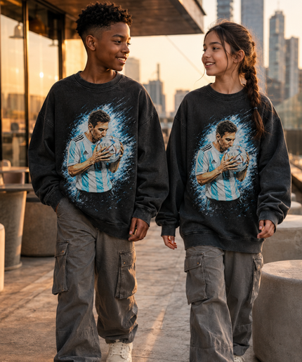 Lionel Messi Argentina Kissing the Ball Blue Water Splash Art Portrait Washed Black Kids Fan Crewneck