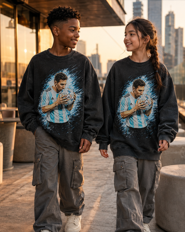Lionel Messi Argentina Kissing the Ball Blue Water Splash Art Portrait Washed Black Kids Fan Crewneck