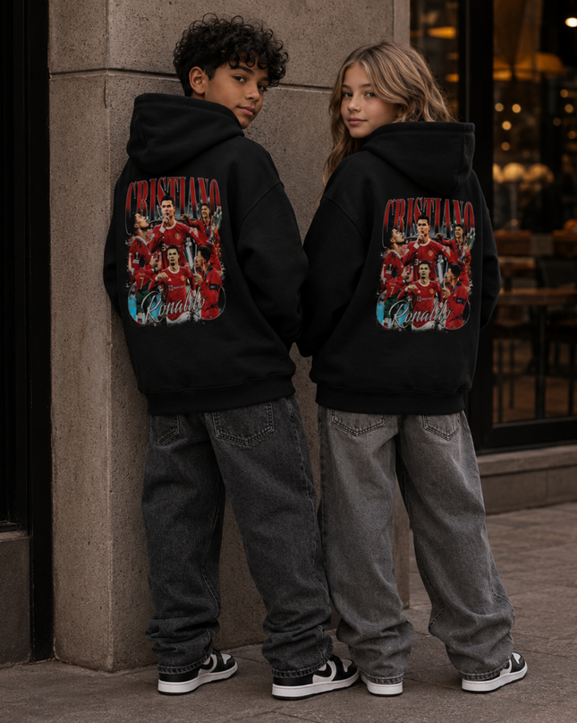 Cristiano Ronaldo CRISTIANO Ronaldo Portugal Red Vintage Bootleg Multi-Pose Collage Kids Fan Hoodie