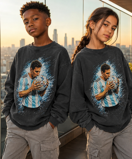 Lionel Messi Argentina Kissing the Ball Blue Water Splash Art Portrait Washed Black Kids Fan Crewneck
