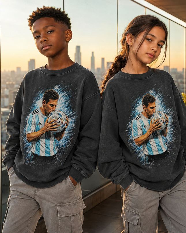 Lionel Messi Argentina Kissing the Ball Blue Water Splash Art Portrait Washed Black Kids Fan Crewneck