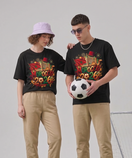 T-Shirt Unisexe Fan Maroc 2026 Graffiti Fez Chameau Célébration