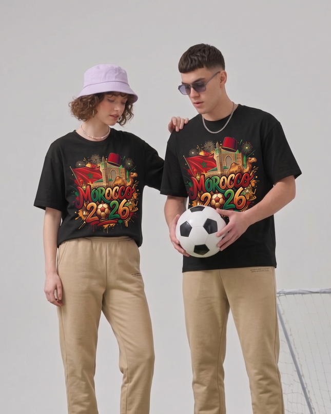 T-Shirt Unisexe Fan Maroc 2026 Graffiti Fez Chameau Célébration
