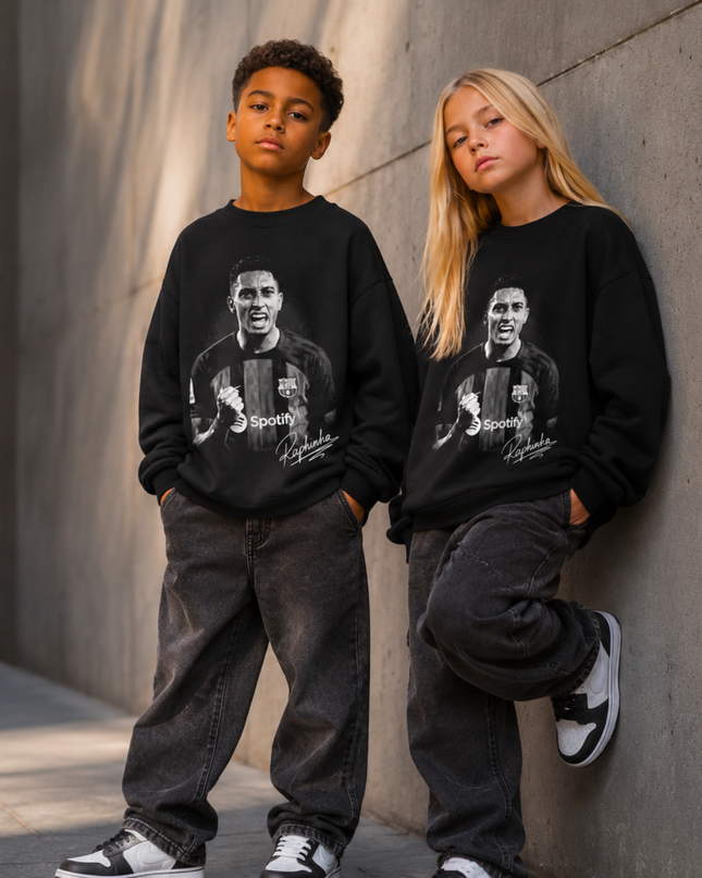 Raphinha Barcelona Black White B&W Fist Pump Face Portrait Cursive Script Kids Fan Crewneck
