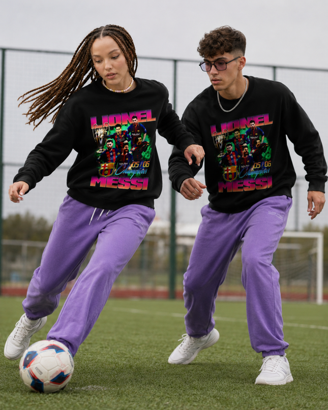 Lionel Messi Barcelona FCB Neon Pink Purple Green Retro 80s Bootleg Multi-Pose Collage Unisex Fan Crewneck