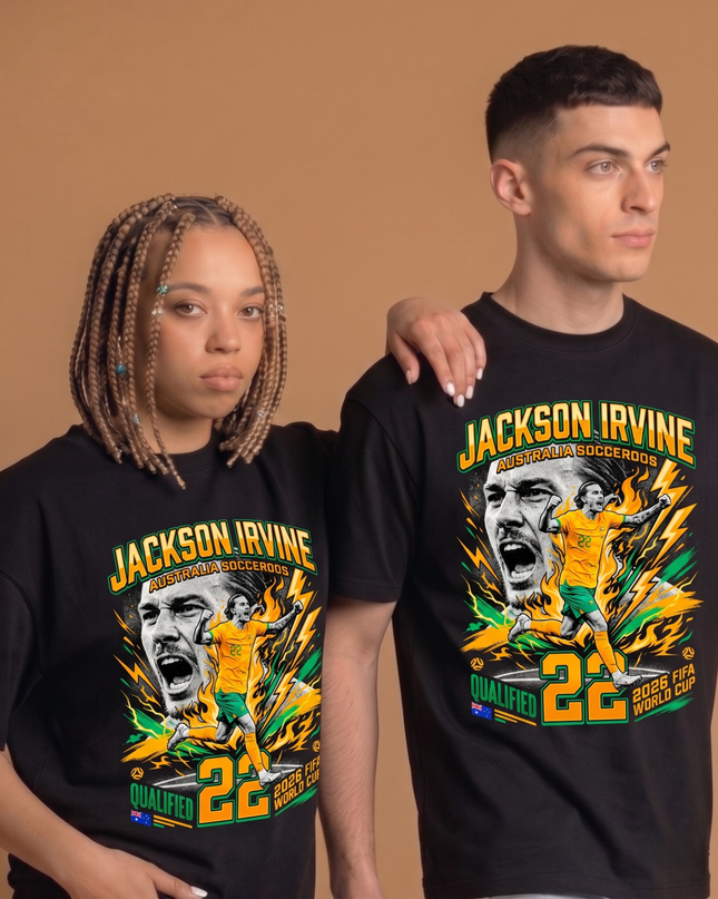 T-shirt de supporter unisexe Coupe du Monde de Football 2026 Jackson Irvine #22 Australie Socceroos