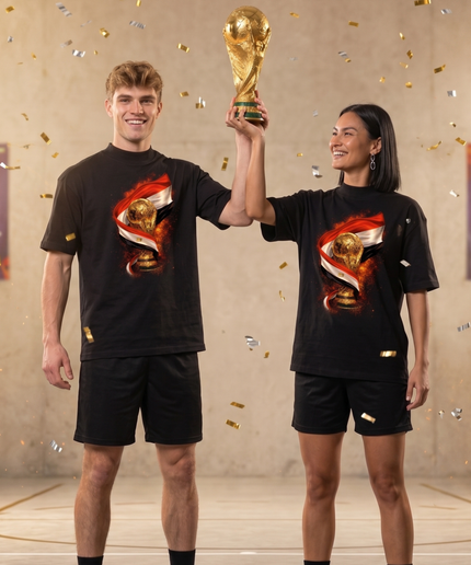 T-shirt unisexe fan de la Coupe du Monde de Football 2026 Égypte Trophée Drapeau Feu Football