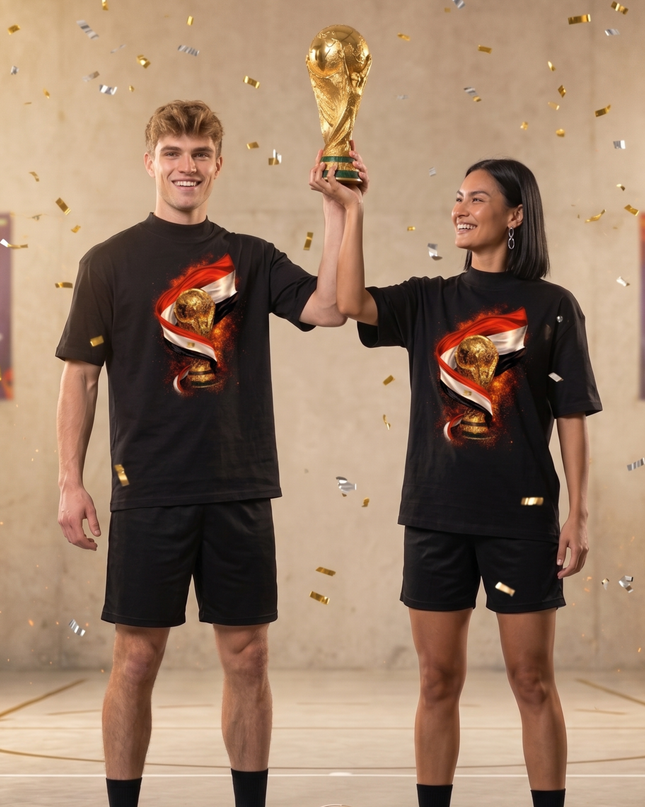 T-shirt unisexe fan de la Coupe du Monde de Football 2026 Égypte Trophée Drapeau Feu Football