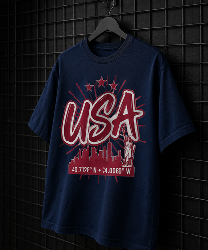 USA New York City Skyline 40.7128° N · 74.0060° W Unisex Fan T-Shirt