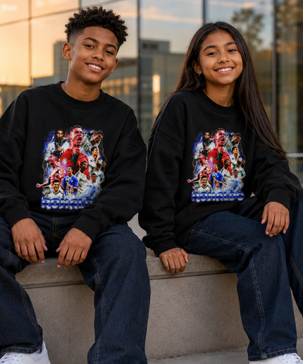 Cristiano Ronaldo Multi-Career Collage Blue Chrome Bootleg Kids Fan Crewneck