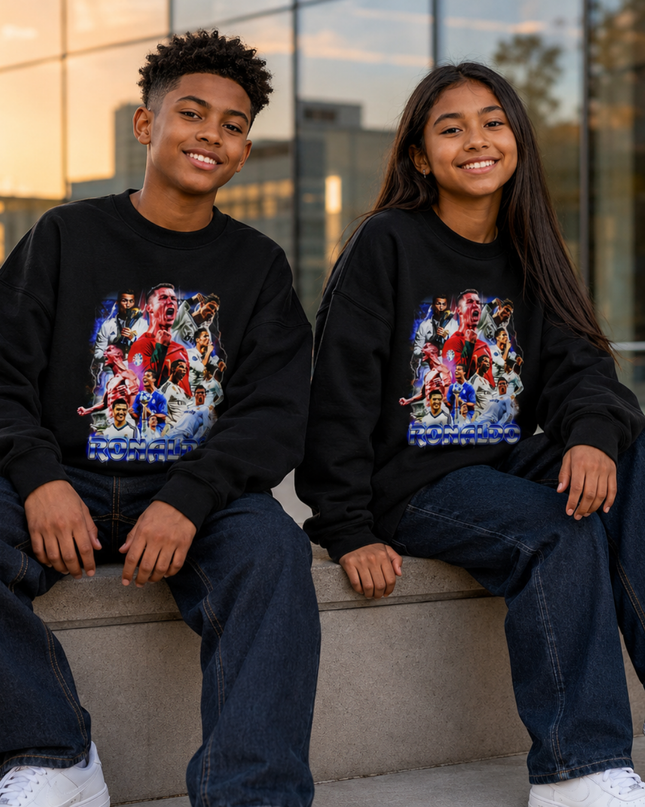 Cristiano Ronaldo Multi-Career Collage Blue Chrome Bootleg Kids Fan Crewneck