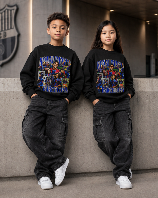 Ronaldinho Barcelona #10 Blue Purple Vintage Rap Bootleg Multi-Pose Collage Kids Fan Crewneck