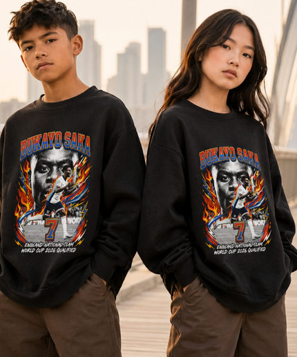 Bukayo Saka England #7 Red Blue Orange Fire Face Action Dual-Pose World Cup 2026 Qualified Kids Fan Crewneck