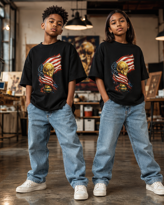 USA World Cup Trophy Flag Kids Fan T-Shirt