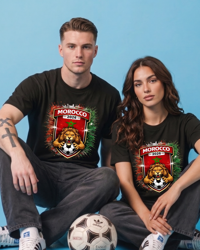 T-shirt unisexe fan Maroc 2026 Lions de l'Atlas rugissants Blason