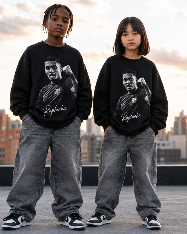 Raphinha Barcelona Black White B&W Fist Pump Intensity Face Portrait Signature Kids Fan Crewneck
