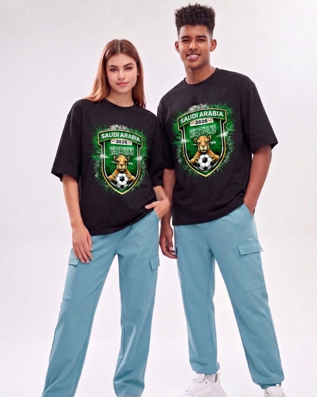 T-shirt unisexe Coupe du Monde de Football Arabie Saoudite 2026 emblème Bouclier Chameau